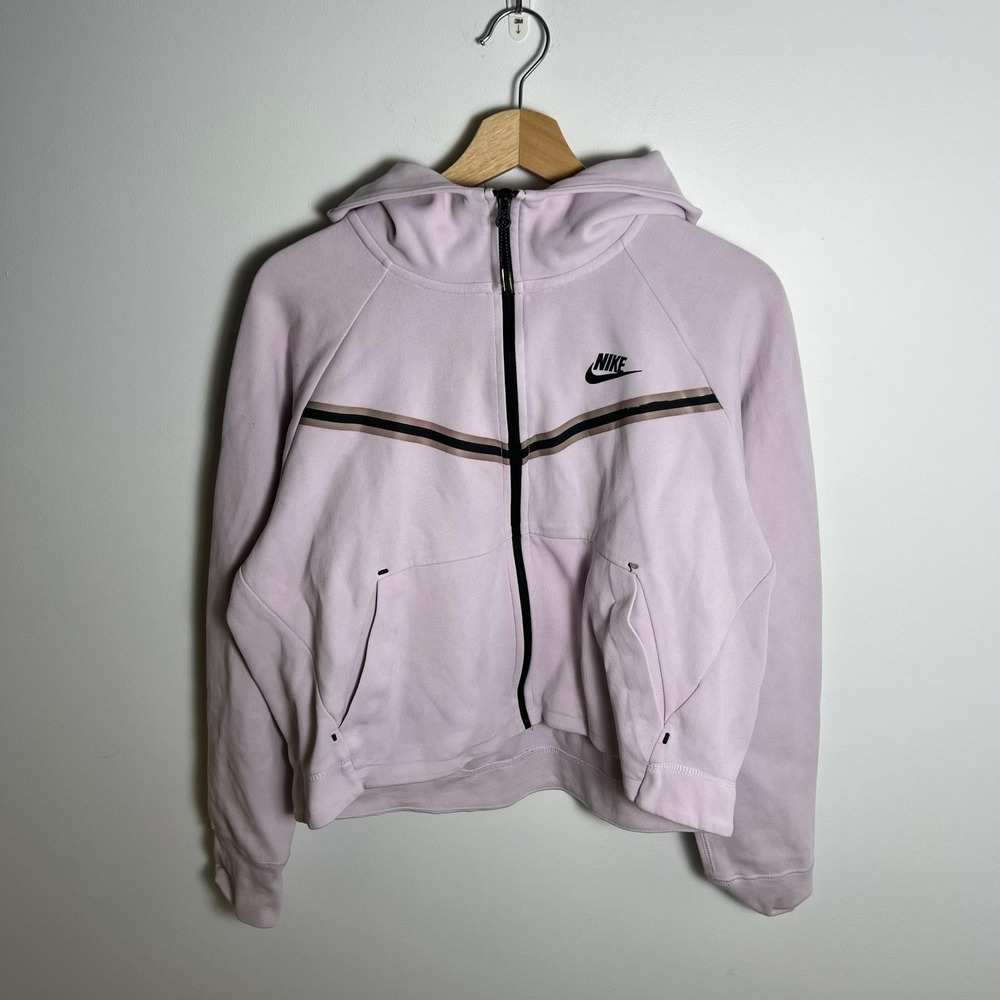 Nike Hoodie Womens Medium Pink Full Zip Stripe Raglan Zip Pockets Logo